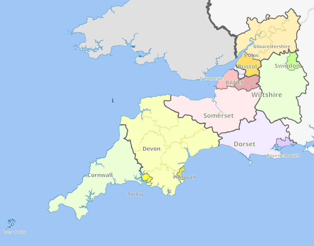 Map of South west England with non-metropolitan county boundaries each county is a different colout